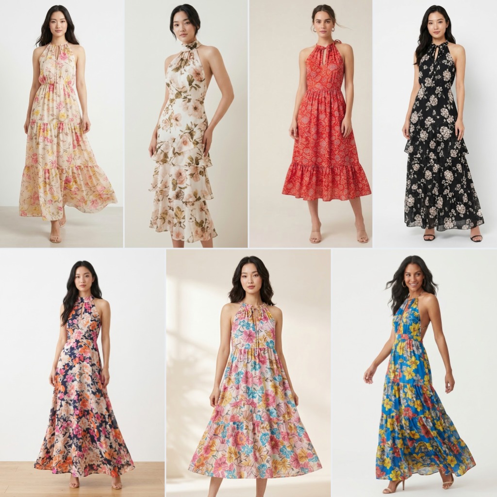 絲質印花削肩洋裝-halter dress