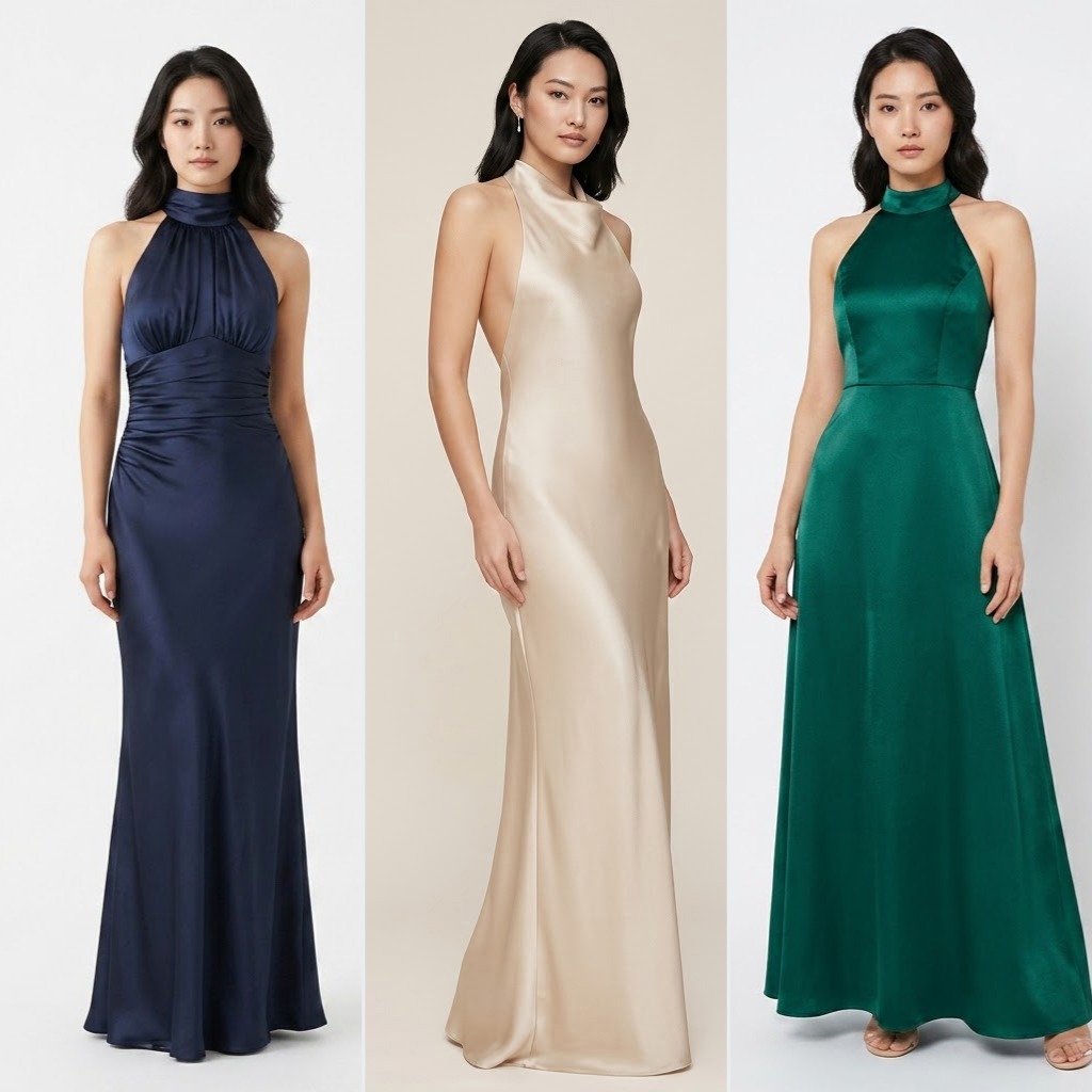 絲綢削肩禮服-halter gown